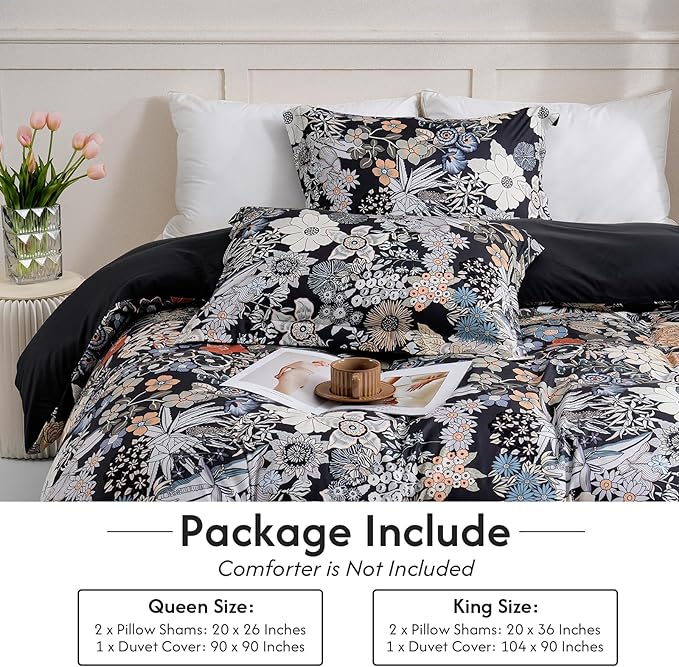 LONAVA Queen Flower 3 Pcs Duvet Cover Set, Breathable Soft Microfiber Black - Image 6