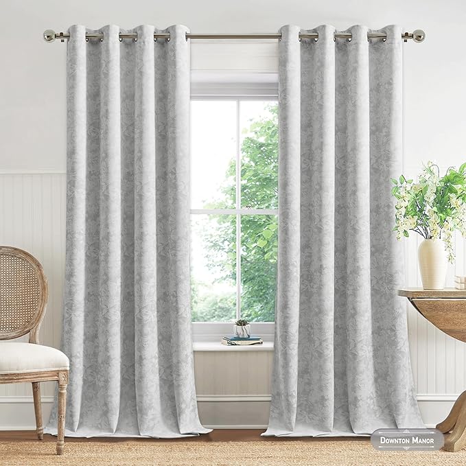 Beauoop Grey Floral Jacquard Blackout Curtains 96 Inches Long 2 Panels - Image 4
