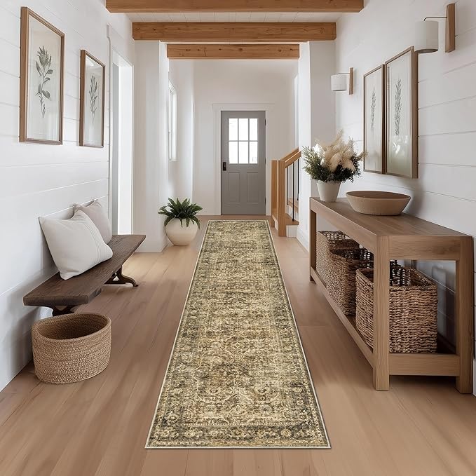 FMFUNCTEX 2x12 Runner Rug Brown Washable Vintage Neutral Distressed Non Slip - Image 3