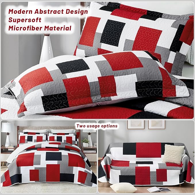 Tyrot 2 Piece Red Black Grey Quilt Set Twin Size Red White Geometric Reversible - Image 3