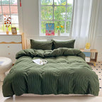 PinkMemory Green Striped Duvet Cover King 100% Washed Cotton Olive Green - Image 2