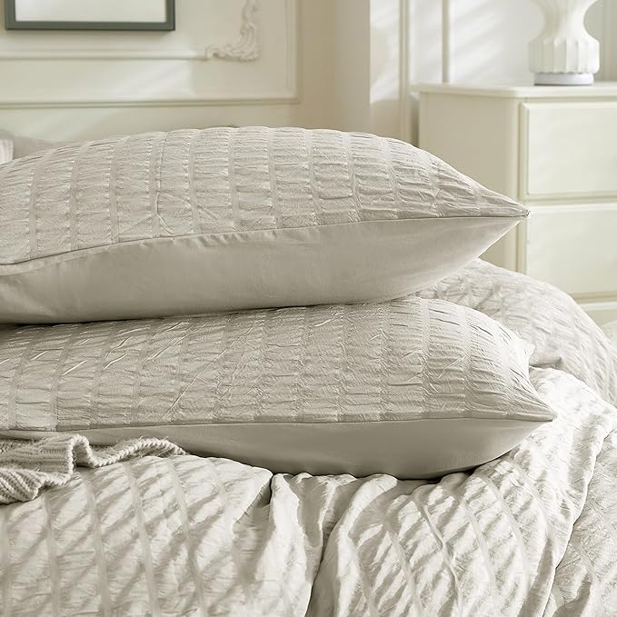 JELLYMONI Beige Duvet Cover Queen Size, Soft Breathable Seersucker Duvet Cover - Image 8