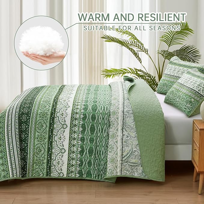 WONGS BEDDING Boho King Quilt Set, Light Green Bohemian Quilt Bedding Set - Image 3
