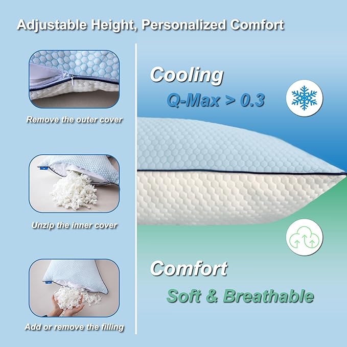 Cooling Pillow Queen Size Set of 2, Shredded Memory Foam Adjustable Loft - Image 6
