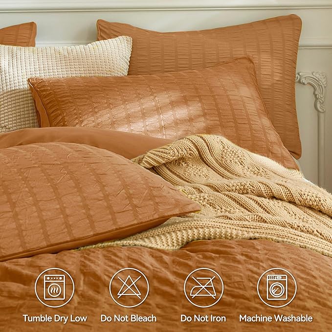 JELLYMONI Burnt Orange Duvet Cover Twin Size, Soft Breathable Seersucker Duvet - Image 4
