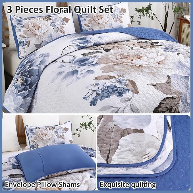 WONGS BEDDING Floral Quilt Set 3 Pieces Blue Quilted Printed Bedspreads Bedding - Image 5
