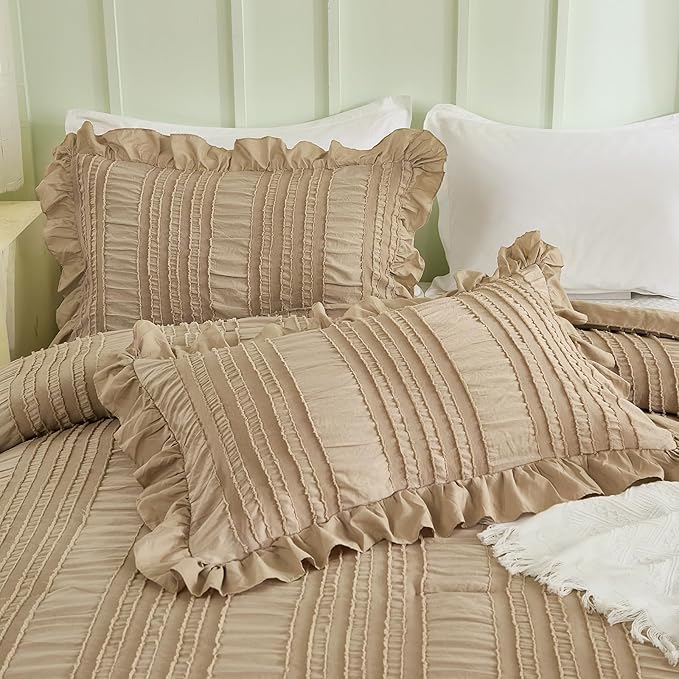 WONGS BEDDING Khaki Comforter Set King, 3 Pieces Ruffle Farmhouse Shabby Chic - Image 5