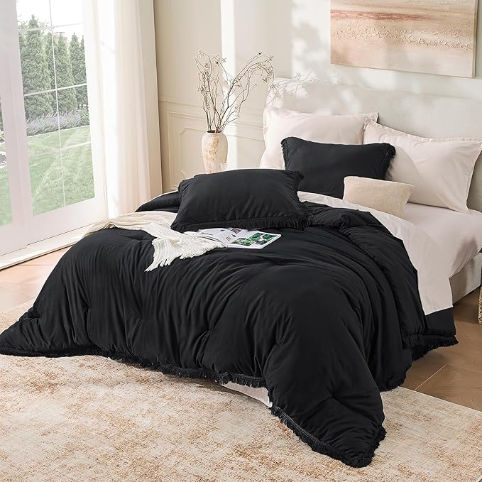 Andency Black Comforter Set Full Size, 3 Pieces Boho Tassel Lightweight Bedding - Image 6
