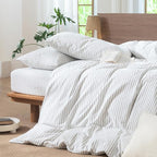 MooMee Striped Duvet Cover Set 100% Washed Cotton Linen Like Textured - Image 6