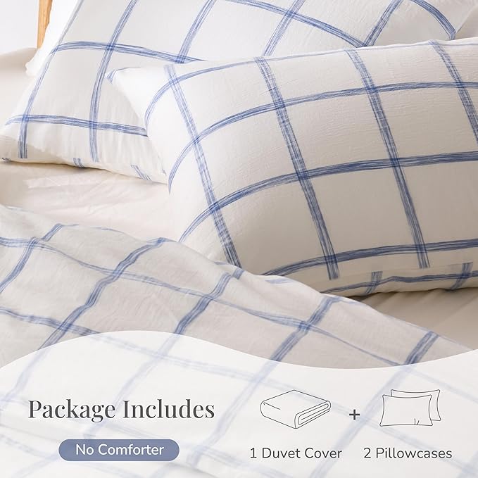 Blue Plaid Duvet Cover Queen Size, 100% Soft Washed Cotton Queen Duvet Cover - Image 4