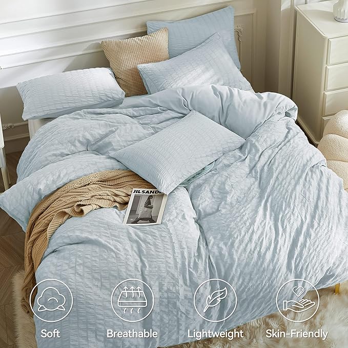 JELLYMONI Baby Blue Duvet Cover Twin Size, Soft Breathable Seersucker Duvet - Image 2