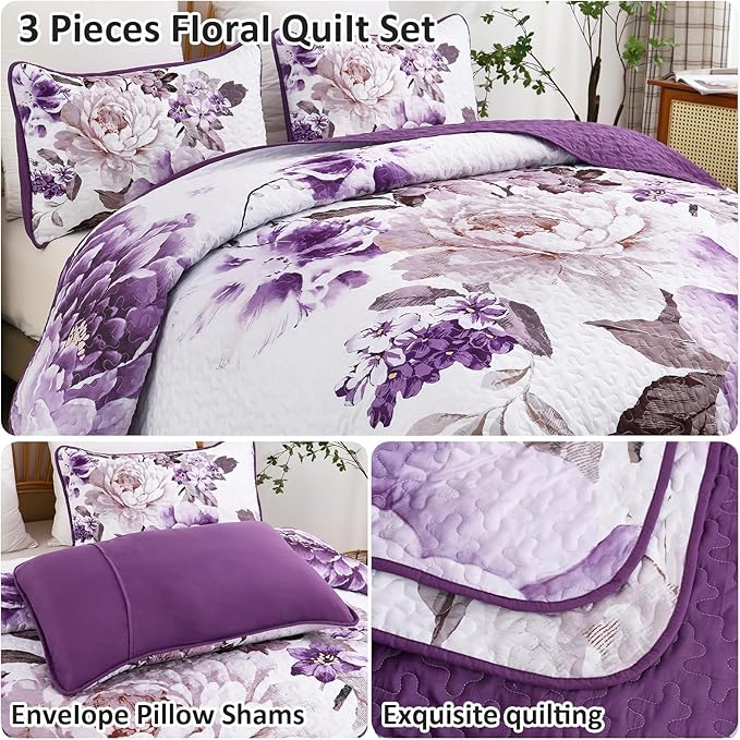 WONGS BEDDING Purple Floral Quilt Set King, 3 Pieces Reversible Lightweight - Image 5