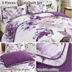WONGS BEDDING Floral Quilt Set Purple Queen, Quilted Printed Lightweight - Image 4