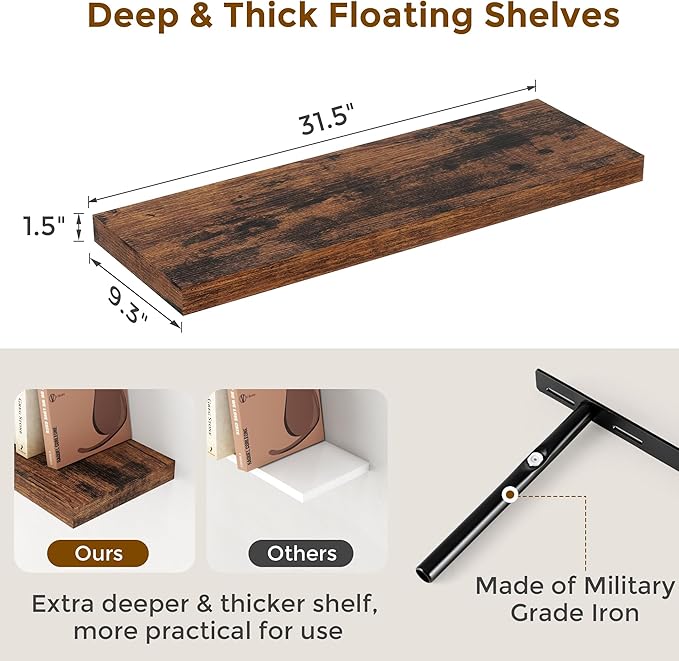 32 Inch Floating Shelves, Wall-Mounted Bathroom Shelves Set of 2, 9.3 Inch Deep - Image 3