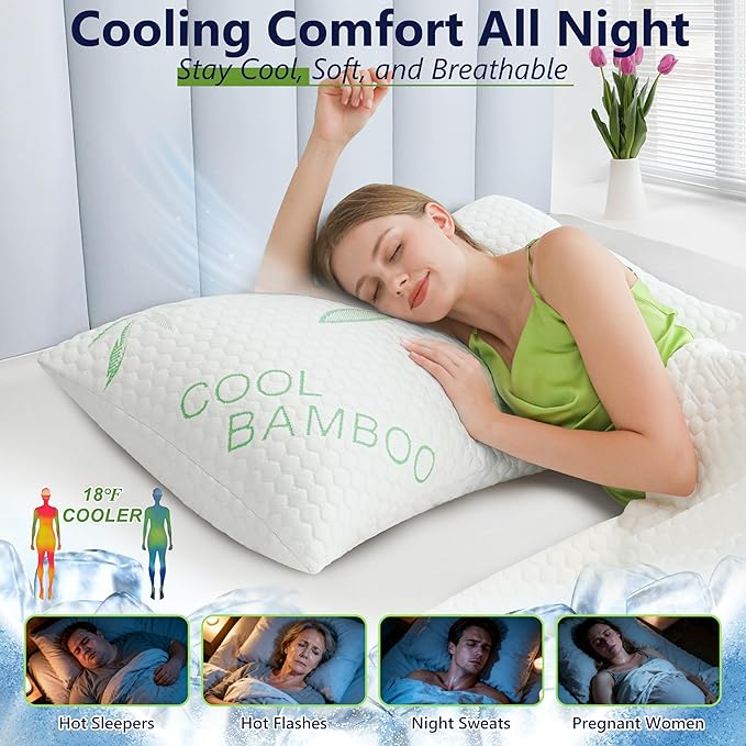 Memory Foam Pillows, Cooling Pillows Queen Size Set of 2 Adjustable Firm Bamboo - Image 2