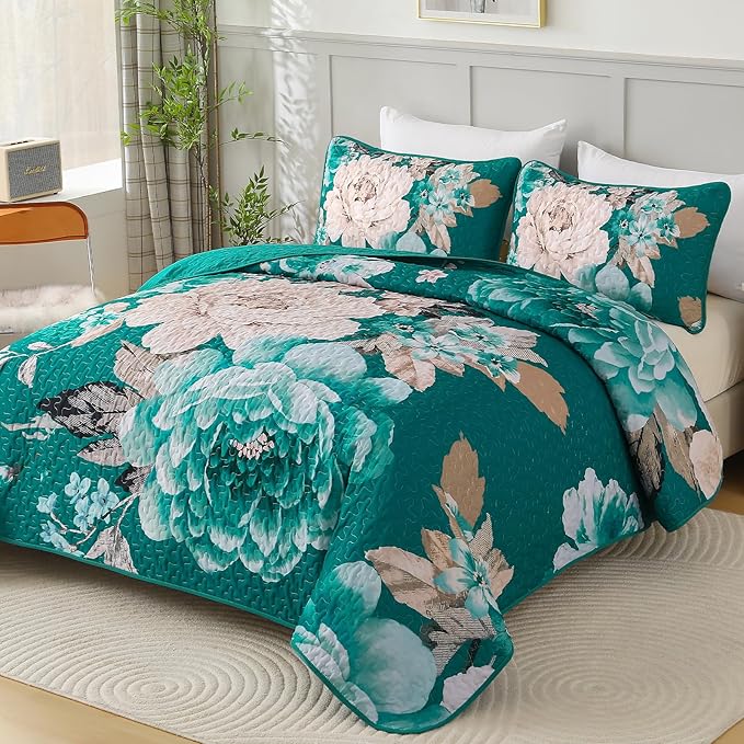 WONGS BEDDING Teal Boho Floral Quilt Set King, 3 Pieces Elegant Flower - Image 2