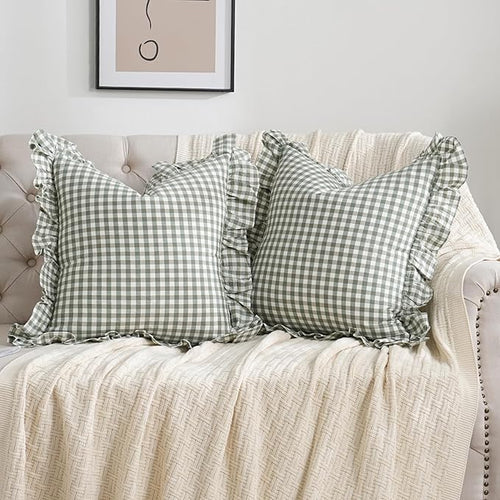 2 Pack Sage Green/White Plaid Ruffle Throw Pillow Covers Farmhouse Checkered by Qilunn