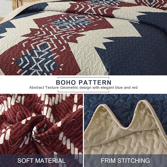 Dintszyayue Blue and Red Quilt Set King Size Boho, 3 Piece Aztec Texture - Image 4