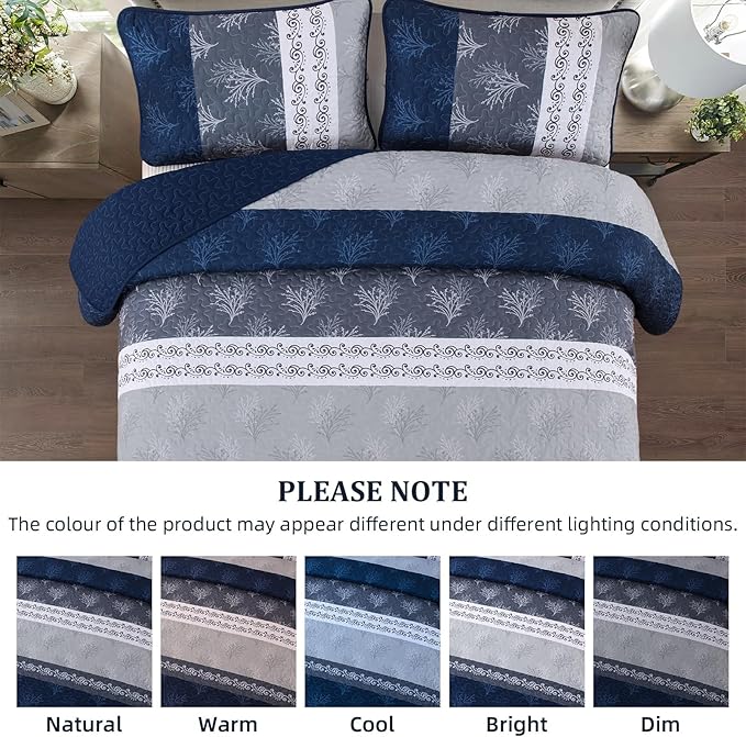DJY Stripe Quilt Set King Size Navy Blue Bedspread Coverlet Set 3 Pieces Boho - Image 4