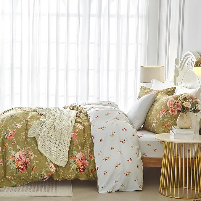 mixinni Duvet Cover King Size, Long Staple Cotton Reversible Green Floral Duvet - Image 3