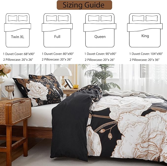 mixinni Black Floral Duvet Cover Twin XL Size, 3 Pieces Garden Style Botanical - Image 4