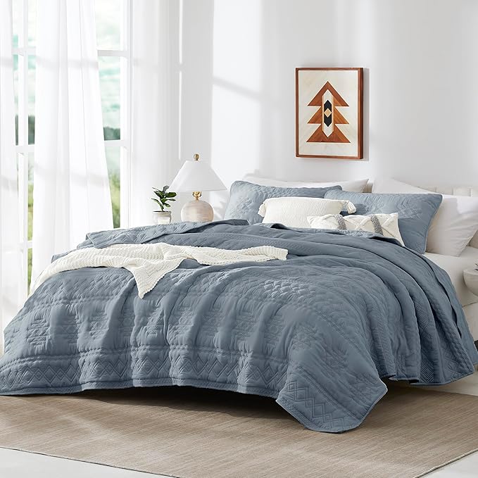 WDCOZY Boho Blue Grey Quilt King Size Bedding Sets - Image 2