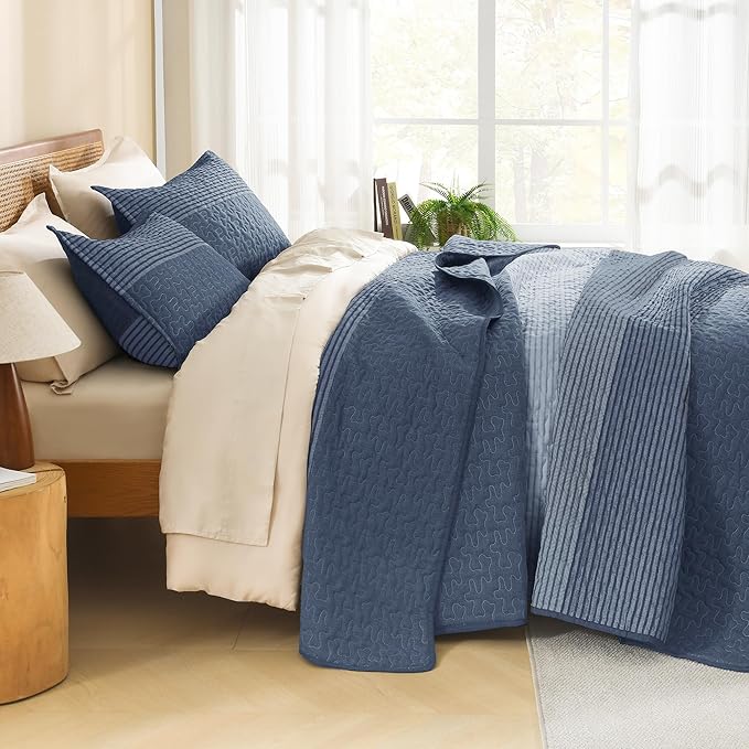 Litanika Oversized Queen Quilt Set Sapphire Blue, 98x98 Stripe Bedspread - Image 2