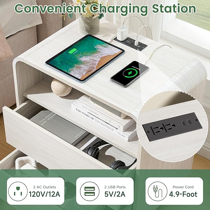 White Nightstand Set of 2 with Charging Station, 23.2" Wide Wood Bedside Table - Image 4