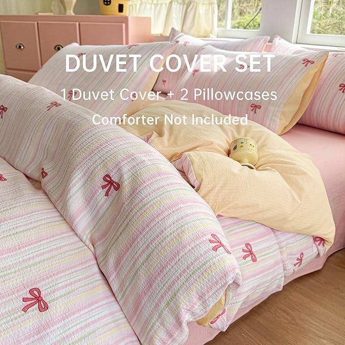 BOLINLIVING Pink Bow Duvet Cover Full Size, Girls Kids Cute Striped Bowknot - Image 6