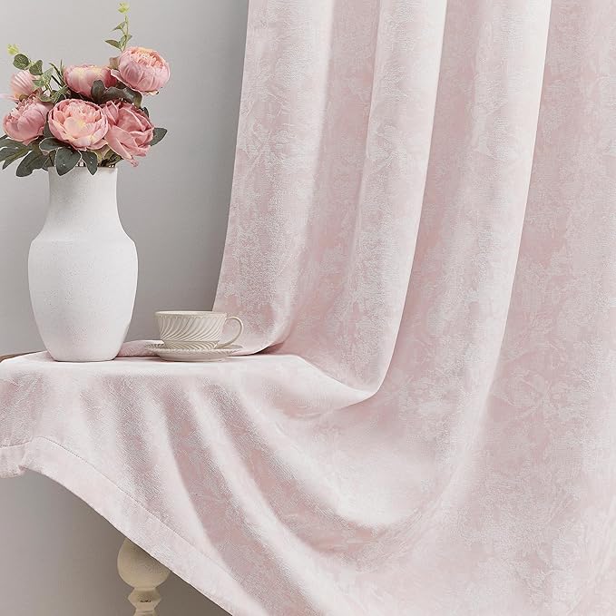 Beauoop Pink Floral Jacquard Blackout Curtains 63 Inches Long 2 Panels - Image 6