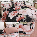 WONGS BEDDING Black Quilt Set Queen, 3 Pieces Pink Floral Bedspreads - Image 5