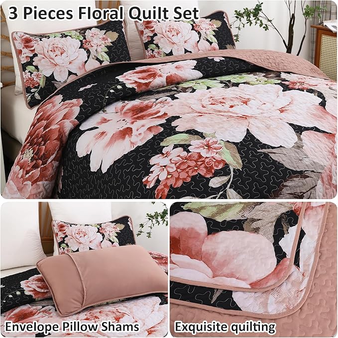 WONGS BEDDING Black Quilt Set King, Elegant Botanical Printed Bedspreads 3 - Image 5