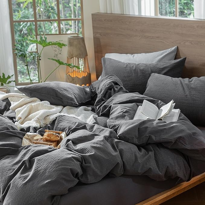 MooMee Wavy Striped Duvet Cover Set 100% Washed Cotton Linen Like Textured - Image 5