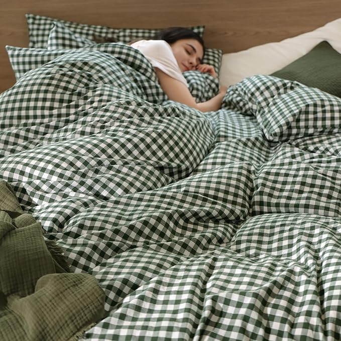 MooMee Gingham Duvet Cover Set 100% Washed Cotton Linen Like Textured - Image 6