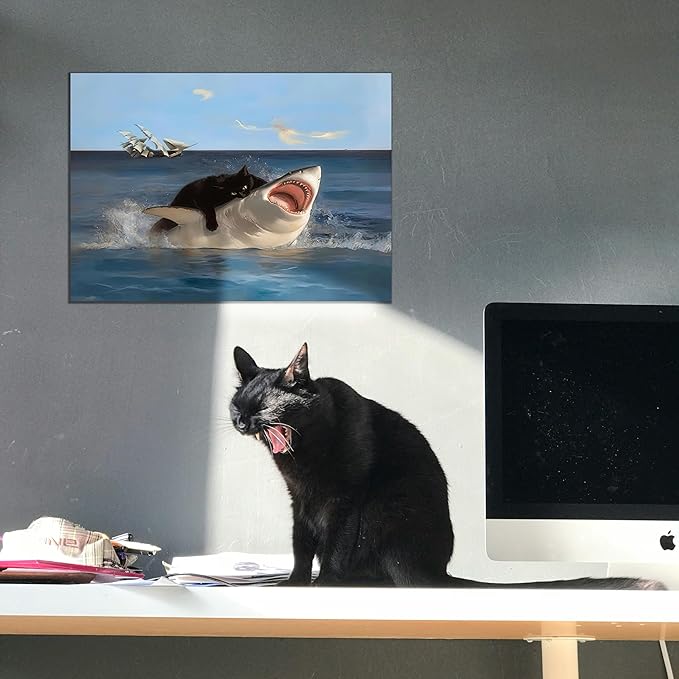 BFKDKG Framed Black Cat Wall Art, Funny Quirky Cat and Shark Pictures Canvas - Image 3