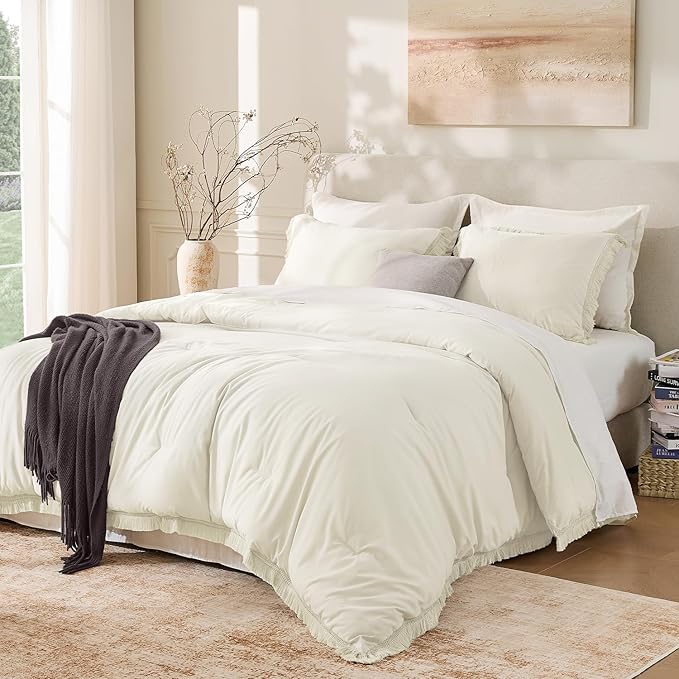 Andency Comforter Oversized King Ivory 120x98, 3 Pieces Boho Winter Lightweight by Andency