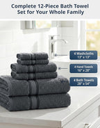 LANE LINEN Towel and Washcloths Set of 12 – 100% Cotton, Zero Twist, 4 Large - Image 4