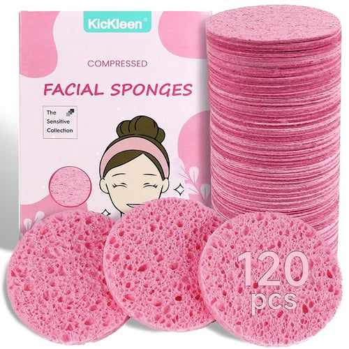 120-Count Compressed Facial Sponges|Kickleen 100% Natural Cellulose Cosmetic by KICKLEEN