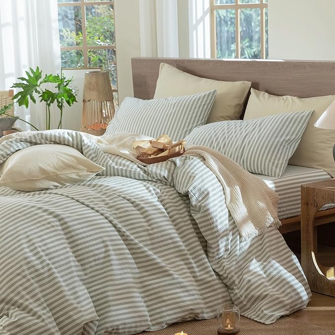 MooMee Striped Duvet Cover Set 100% Washed Cotton Linen Like Textured - Image 3