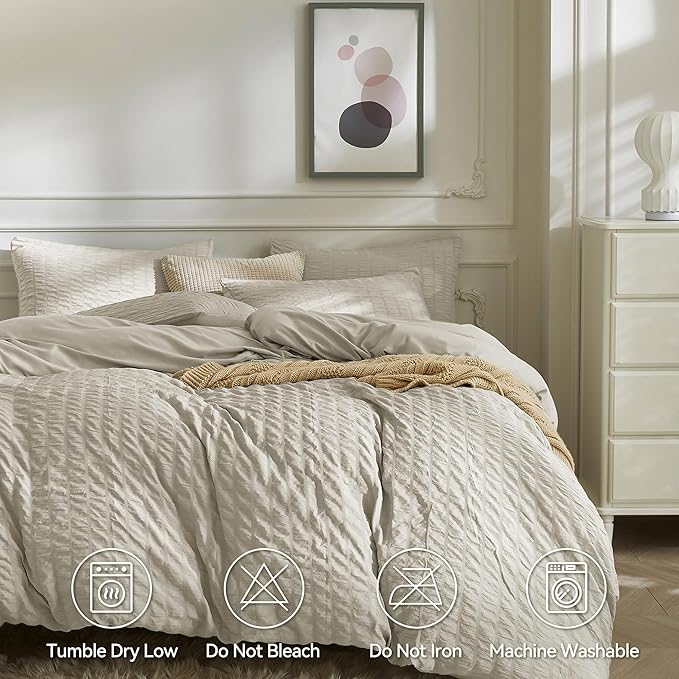 JELLYMONI Beige Duvet Cover Queen Size, Soft Breathable Seersucker Duvet Cover - Image 5
