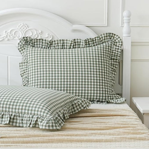 2 Pack Sage Green White Plaid Ruffle Pillow Shams Standard Size 20x26 inches by Qilunn