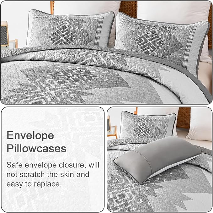 Boho Quilt Set King Size 3 Pieces Grey Aztec King Quilt Set Bohemian Bedspread - Image 5