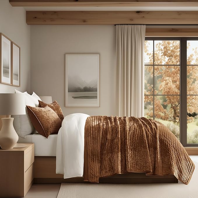 EVERGRACE Velvet Quilt Set Queen Size, Luxurious Soft Striped Channel Bedding - Image 3