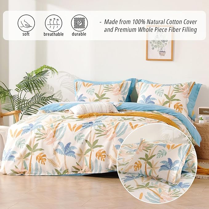 LEMIROE Tropical Coastal Blue Cotton Comforter King Size 3Pcs - Image 2