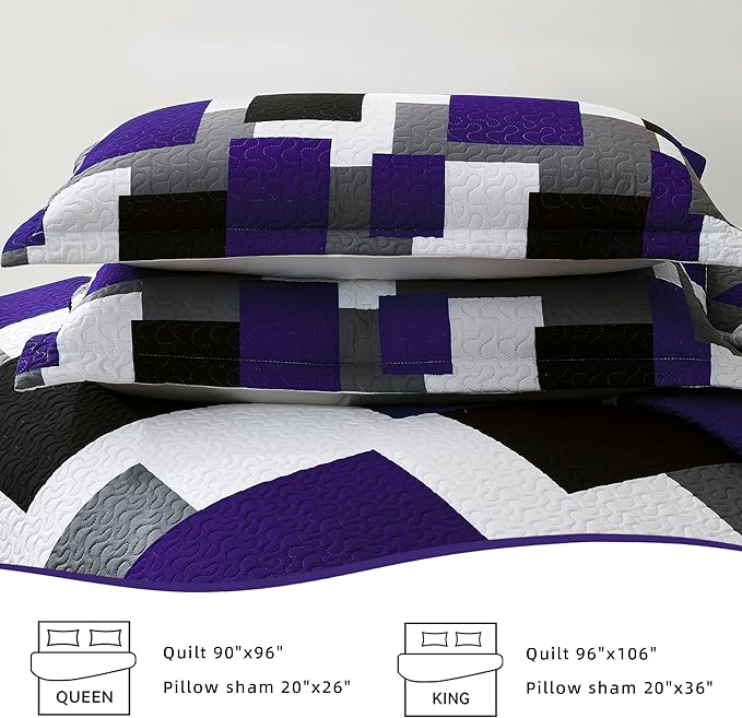 Tyrot 3 Piece Dark Purple Grey Quilt Set King Size Black White Geometric - Image 7