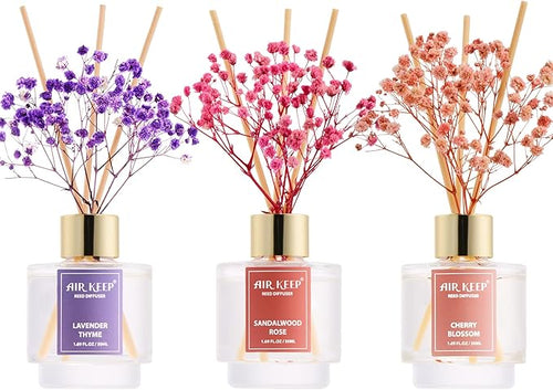 Airkeep Reed Diffuser Set of 3, Lavender Thyme Sandalwood Rose Cherry Blossom by Airkeep