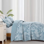 WONGS BEDDING Botanical Quilt Set King Size, Aqua 3 Pieces Toile Floral Plants - Image 3