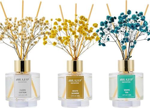 Airkeep Reed Diffuser Set of 3, Clean Cotton White Jasmine White Tea Oil Reed by Airkeep