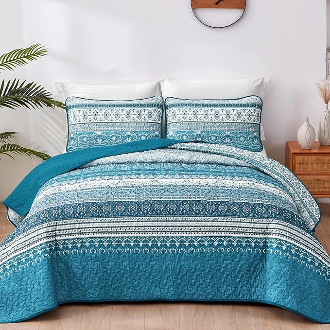 WONGS BEDDING Boho King Quilt Set, Teal and Blue Bohemian Quilt Bedding Set by WONGSBEDDING