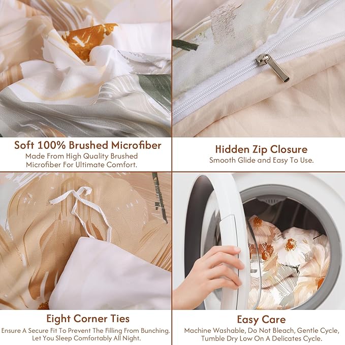 LONAVA Queen Flower 3 Pcs Duvet Cover Set, Breathable Soft Microfiber Biege - Image 7